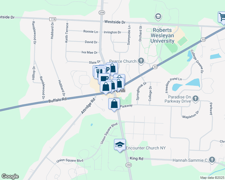 map of restaurants, bars, coffee shops, grocery stores, and more near in North Chili