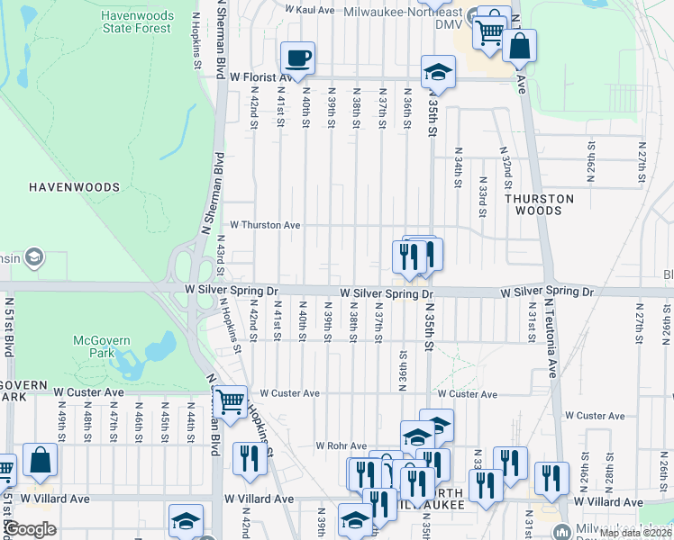 map of restaurants, bars, coffee shops, grocery stores, and more near 5659 North 38th Street in Milwaukee
