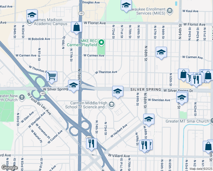 map of restaurants, bars, coffee shops, grocery stores, and more near 5634 North 73rd Street in Milwaukee