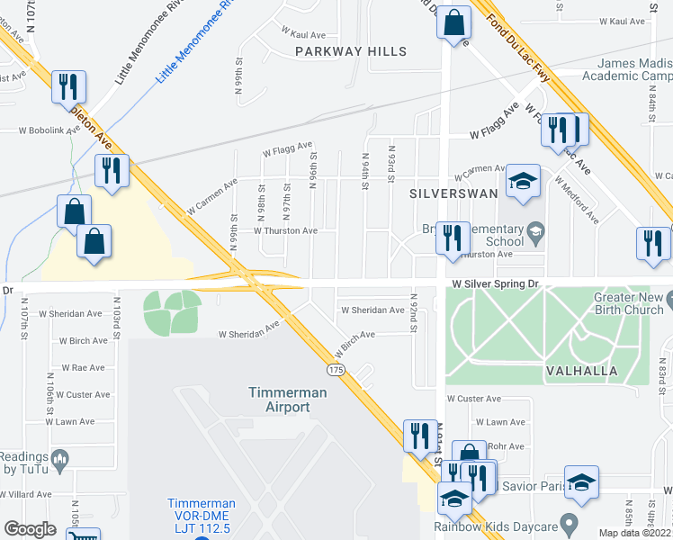 map of restaurants, bars, coffee shops, grocery stores, and more near 5616 North 95th Street in Milwaukee