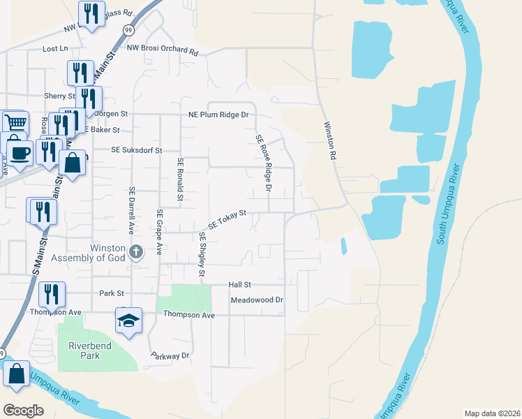 map of restaurants, bars, coffee shops, grocery stores, and more near 700 Southeast Tokay Street in Winston