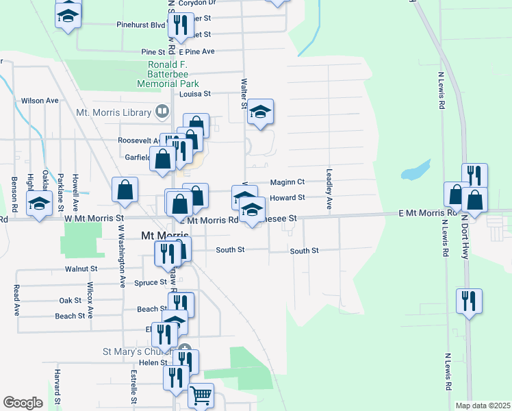 map of restaurants, bars, coffee shops, grocery stores, and more near 11854 Walter Street in Mount Morris
