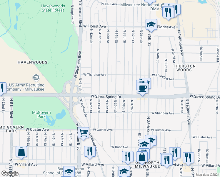 map of restaurants, bars, coffee shops, grocery stores, and more near 5653 North 39th Street in Milwaukee
