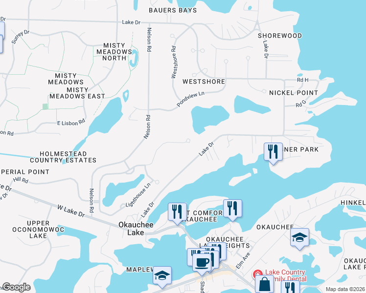 map of restaurants, bars, coffee shops, grocery stores, and more near W350N5567 Lake Drive in Oconomowoc