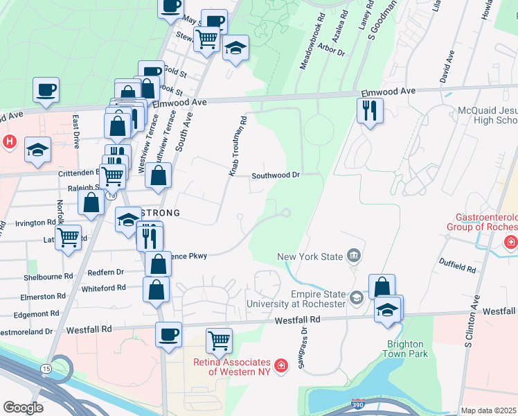 map of restaurants, bars, coffee shops, grocery stores, and more near 300 Science Parkway in Rochester