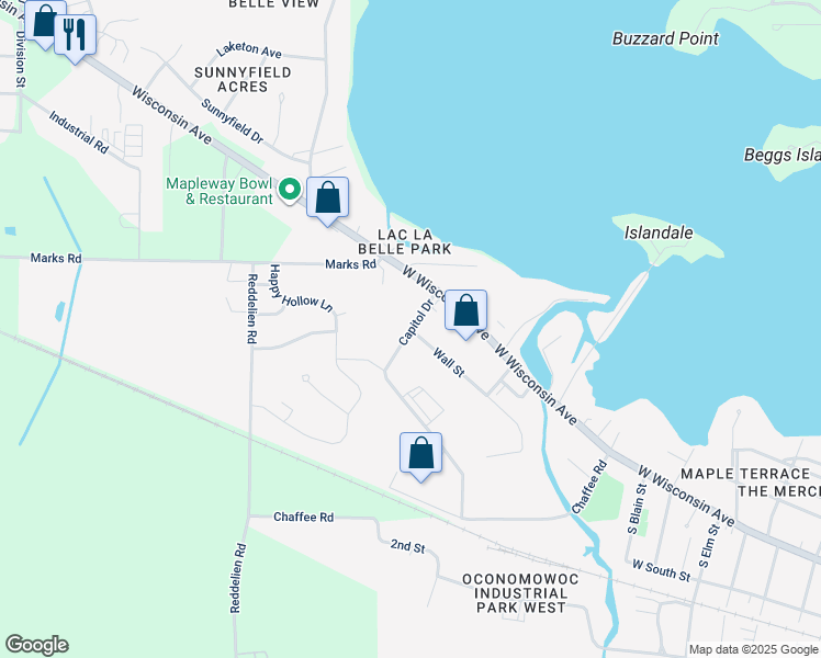 map of restaurants, bars, coffee shops, grocery stores, and more near 36 Capitol Drive in Oconomowoc