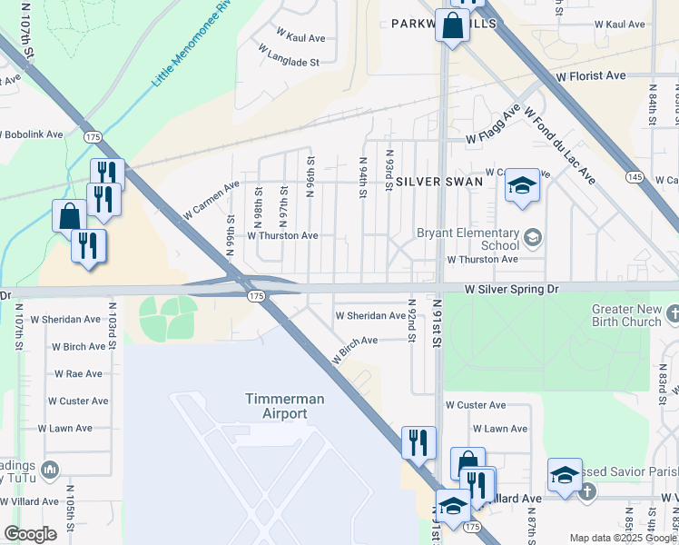map of restaurants, bars, coffee shops, grocery stores, and more near 5610 North 95th Street in Milwaukee