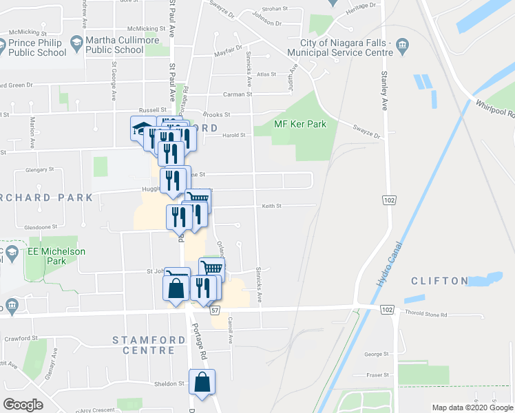 map of restaurants, bars, coffee shops, grocery stores, and more near 5960 Keith Street in Niagara Falls