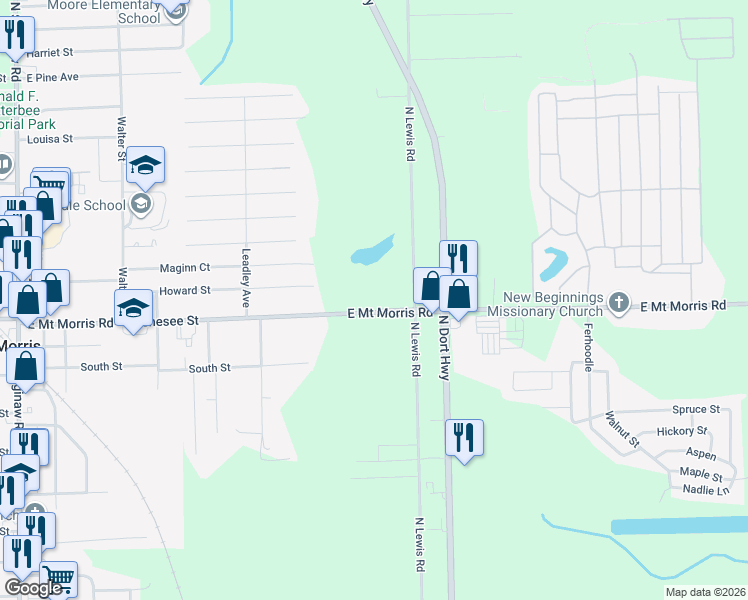 map of restaurants, bars, coffee shops, grocery stores, and more near 1405 East Mount Morris Road in Mount Morris