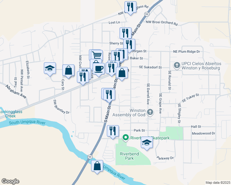 map of restaurants, bars, coffee shops, grocery stores, and more near 180 Southeast Main Street in Winston