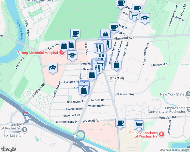 map of restaurants, bars, coffee shops, grocery stores, and more near 32 Rossiter Road in Rochester