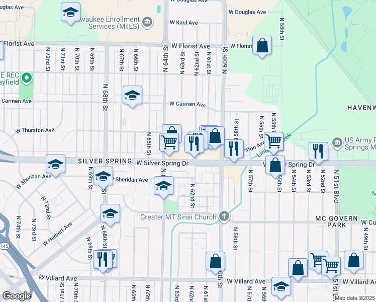 map of restaurants, bars, coffee shops, grocery stores, and more near 5641 North 62nd Street in Milwaukee