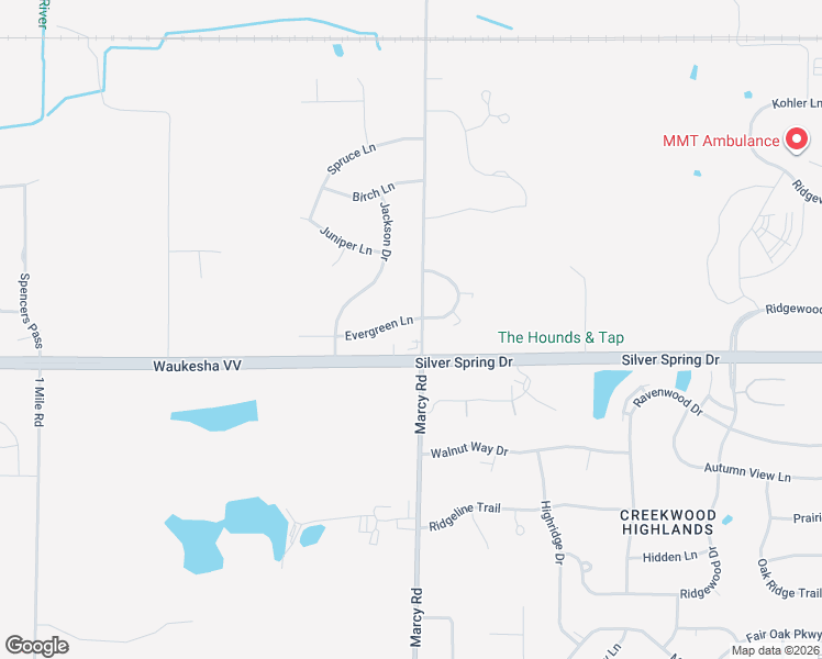 map of restaurants, bars, coffee shops, grocery stores, and more near N56W18026 Evergreen Lane in Menomonee Falls