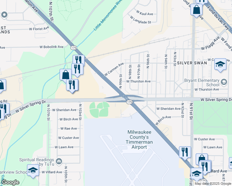 map of restaurants, bars, coffee shops, grocery stores, and more near 9909 West Appleton Avenue in Milwaukee