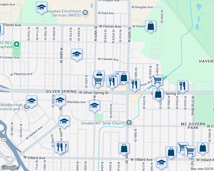 map of restaurants, bars, coffee shops, grocery stores, and more near 5641 North 62nd Street in Milwaukee