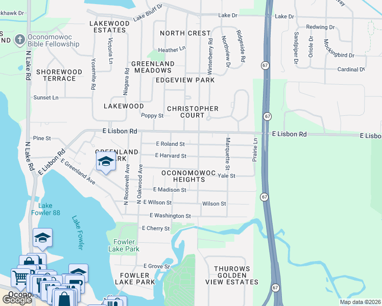 map of restaurants, bars, coffee shops, grocery stores, and more near 723 East Roland Street in Oconomowoc