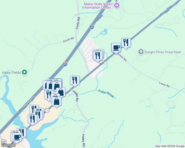 map of restaurants, bars, coffee shops, grocery stores, and more near 424 U.S. 1 in Kittery