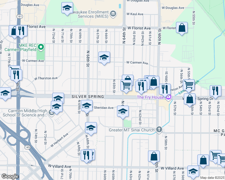 map of restaurants, bars, coffee shops, grocery stores, and more near 5627 North 65th Street in Milwaukee