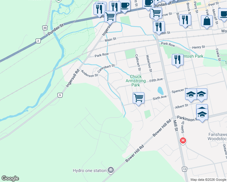 map of restaurants, bars, coffee shops, grocery stores, and more near 65 Anderson Street in Woodstock