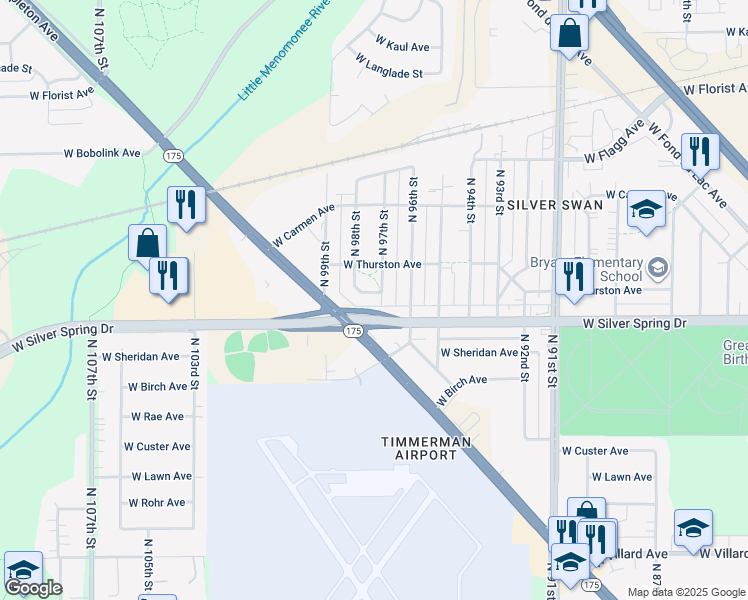map of restaurants, bars, coffee shops, grocery stores, and more near 9709 West Reichert Place in Milwaukee