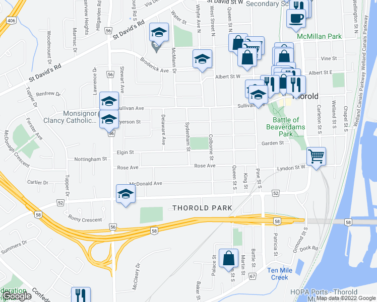map of restaurants, bars, coffee shops, grocery stores, and more near Elgin Street in Thorold