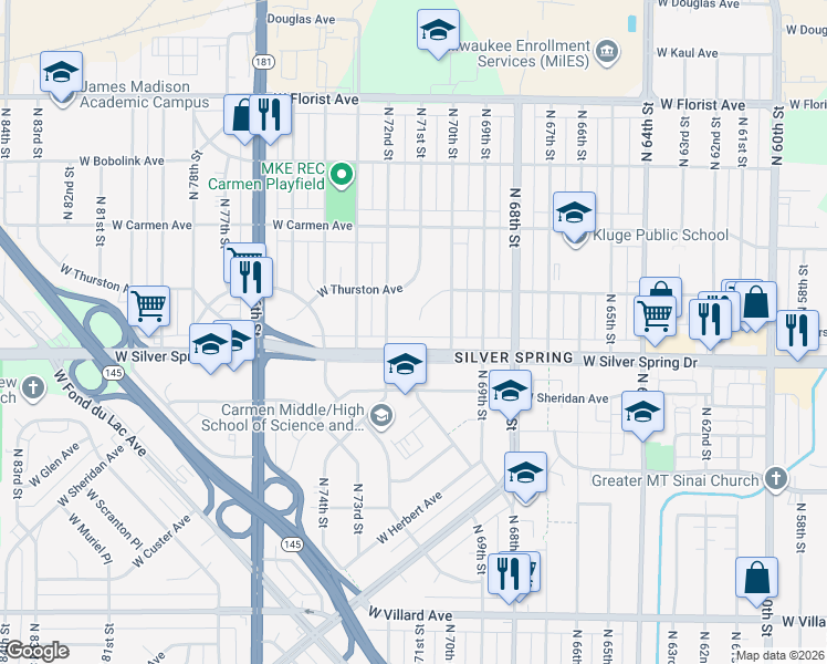 map of restaurants, bars, coffee shops, grocery stores, and more near 5638 North 72nd Street in Milwaukee