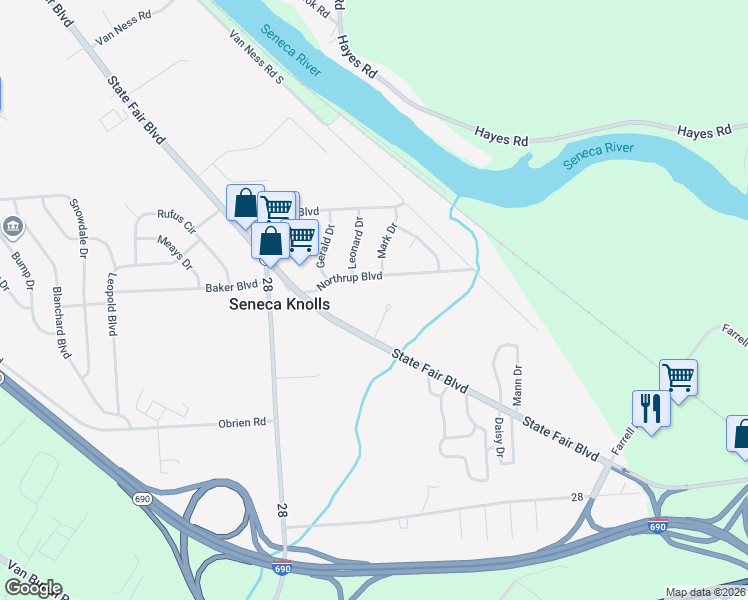 map of restaurants, bars, coffee shops, grocery stores, and more near 112 Northrup Boulevard in Syracuse