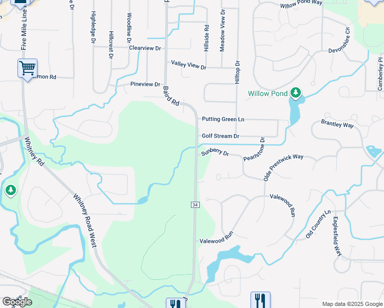 map of restaurants, bars, coffee shops, grocery stores, and more near 2303 Baird Road in Penfield