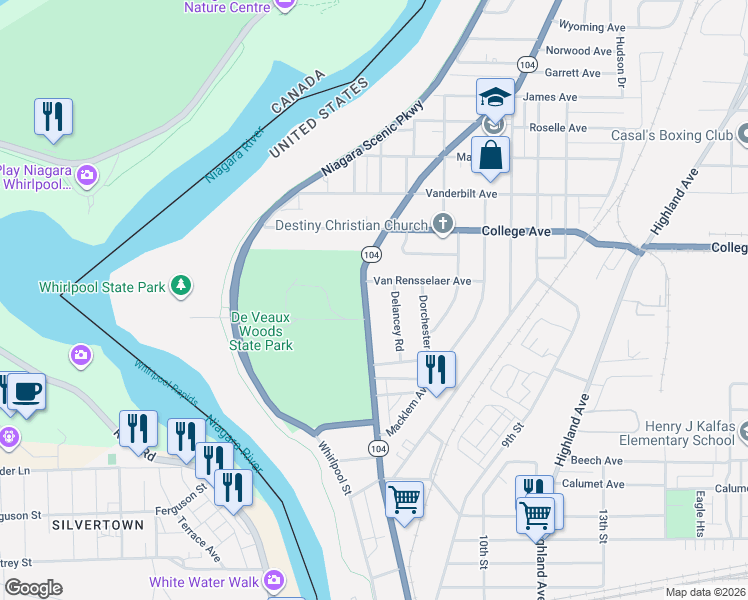 map of restaurants, bars, coffee shops, grocery stores, and more near 713 Van Rensselaer Avenue in Niagara Falls
