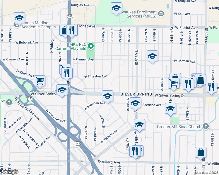 map of restaurants, bars, coffee shops, grocery stores, and more near 5638 North 72nd Street in Milwaukee