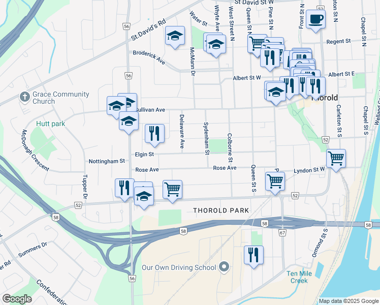 map of restaurants, bars, coffee shops, grocery stores, and more near 76 Elgin Street in Thorold