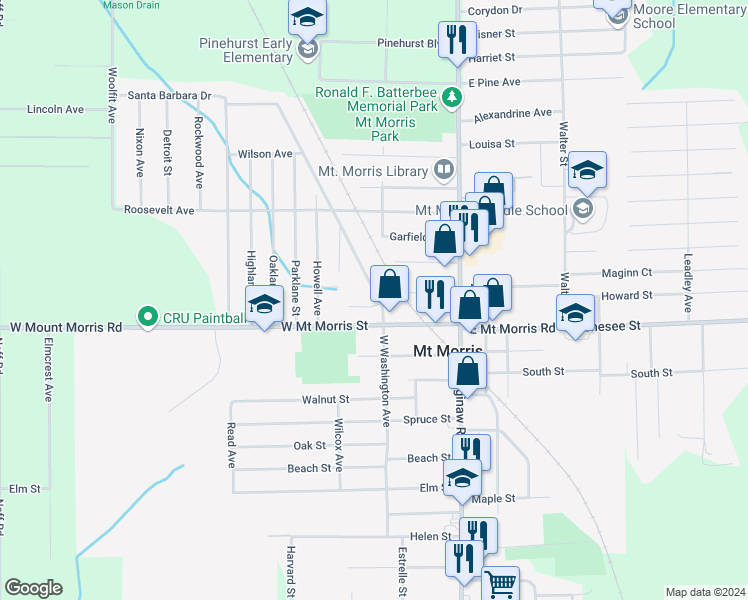 map of restaurants, bars, coffee shops, grocery stores, and more near 11825 Washington Avenue in Mount Morris