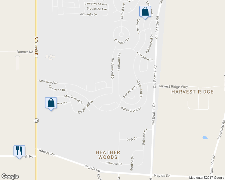 map of restaurants, bars, coffee shops, grocery stores, and more near 713 Gardenwood Drive in Lockport