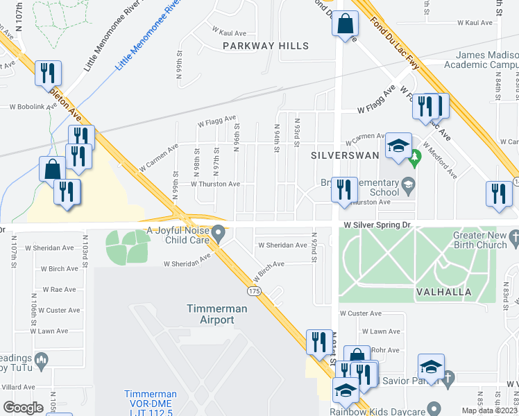 map of restaurants, bars, coffee shops, grocery stores, and more near 5620 North 95th Street in Milwaukee