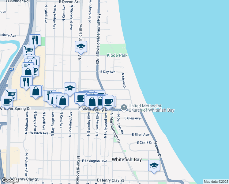 map of restaurants, bars, coffee shops, grocery stores, and more near 711 East Lake View Avenue in Whitefish Bay