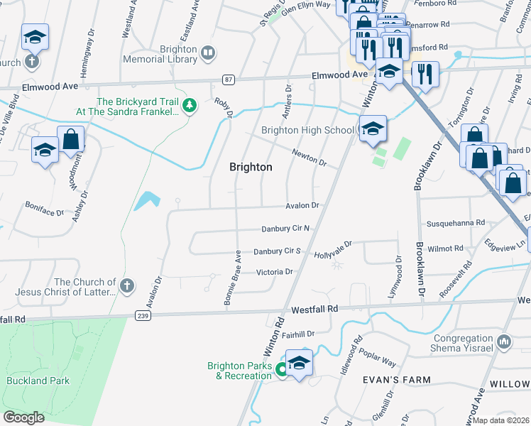 map of restaurants, bars, coffee shops, grocery stores, and more near 129 Avalon Drive in Rochester