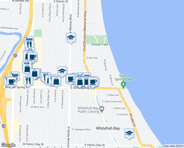 map of restaurants, bars, coffee shops, grocery stores, and more near 609 East Lake View Avenue in Whitefish Bay