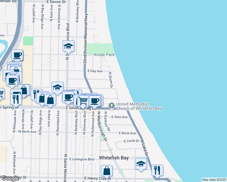 map of restaurants, bars, coffee shops, grocery stores, and more near 801 East Lake View Avenue in Whitefish Bay