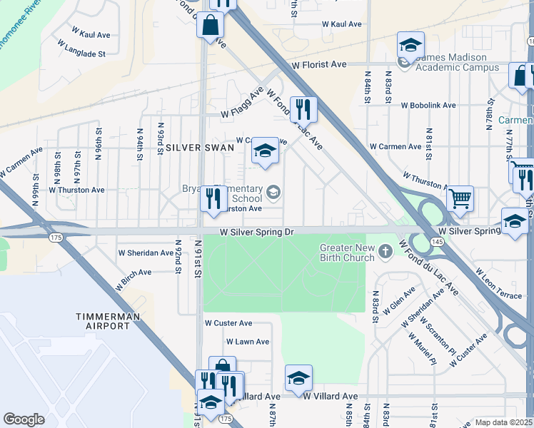 map of restaurants, bars, coffee shops, grocery stores, and more near 8721 West Thurston Avenue in Milwaukee