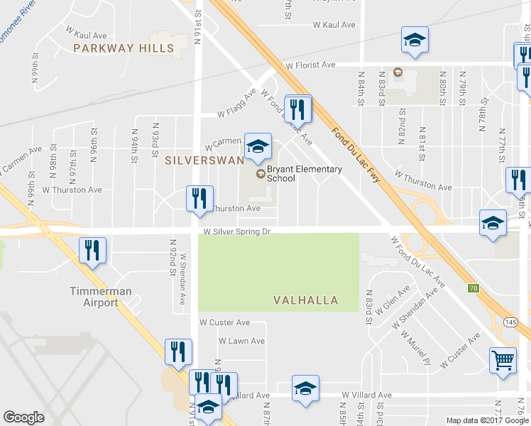 map of restaurants, bars, coffee shops, grocery stores, and more near 8721 West Thurston Avenue in Milwaukee