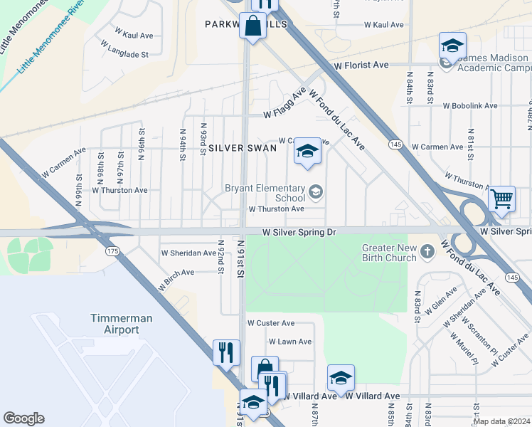 map of restaurants, bars, coffee shops, grocery stores, and more near 8937 West Thurston Avenue in Milwaukee