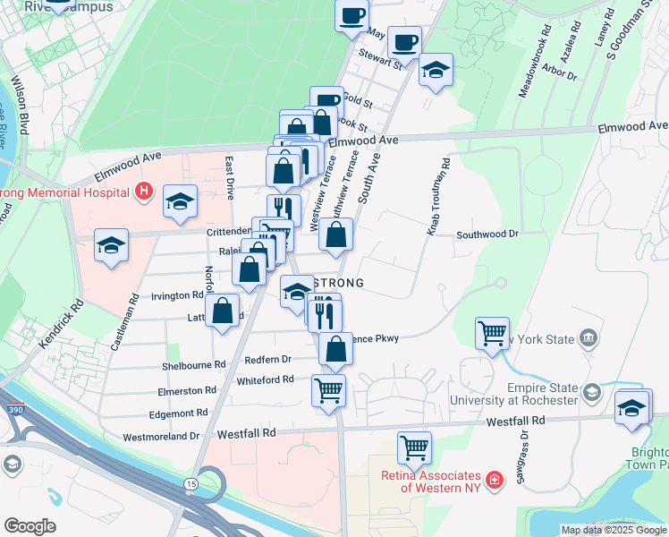 map of restaurants, bars, coffee shops, grocery stores, and more near 1783 South Avenue in Rochester
