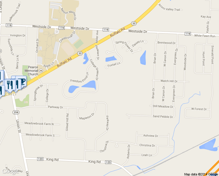 map of restaurants, bars, coffee shops, grocery stores, and more near 45 College Greene Drive in North Chili