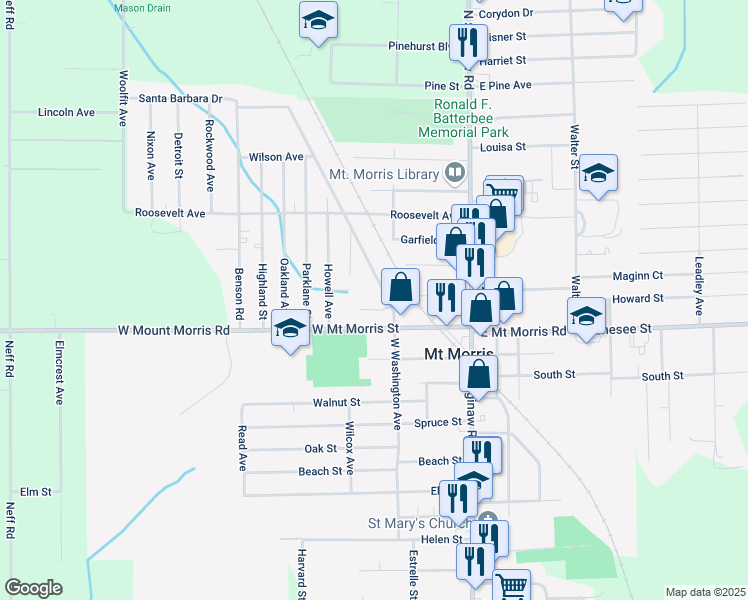 map of restaurants, bars, coffee shops, grocery stores, and more near 11825 Washington Avenue in Mount Morris