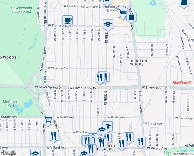 map of restaurants, bars, coffee shops, grocery stores, and more near 5654 North 36th Street in Milwaukee