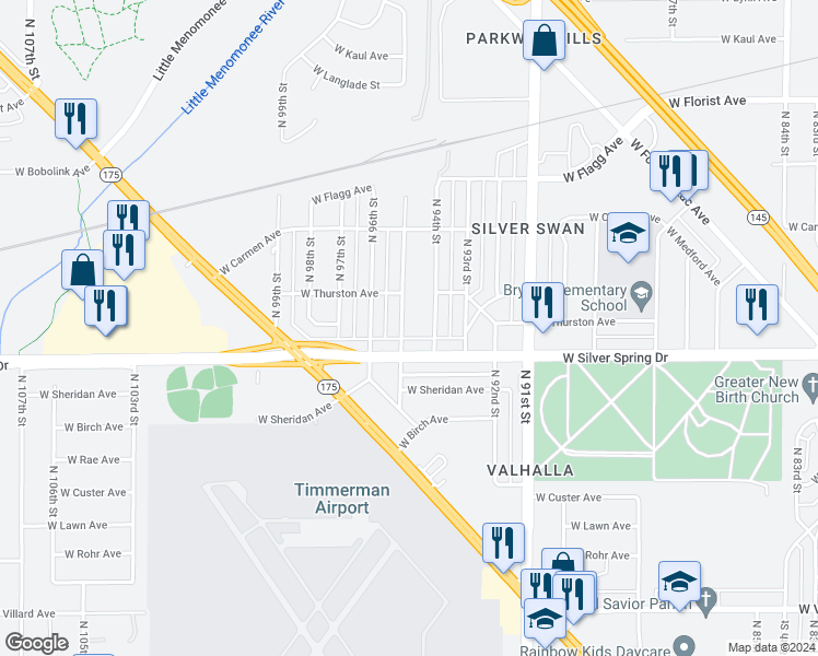 map of restaurants, bars, coffee shops, grocery stores, and more near 5624 North 95th Street in Milwaukee