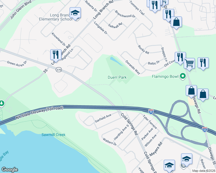 map of restaurants, bars, coffee shops, grocery stores, and more near 131 Duerr Road in Liverpool