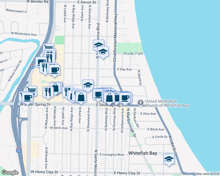 map of restaurants, bars, coffee shops, grocery stores, and more near 407 East Lake View Avenue in Whitefish Bay