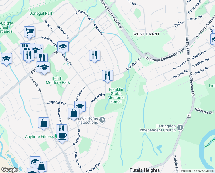 map of restaurants, bars, coffee shops, grocery stores, and more near 11 Hunter Way in Brantford