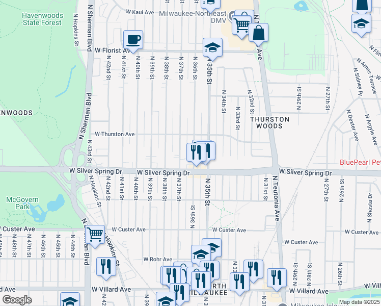 map of restaurants, bars, coffee shops, grocery stores, and more near 5654 North 36th Street in Milwaukee